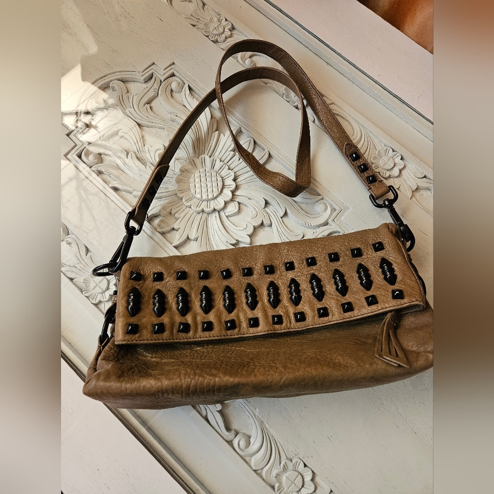 Vintage POUR LA VICTOIRE Soft Real Leather Tan Studded Rockstar Crossbody Bag
